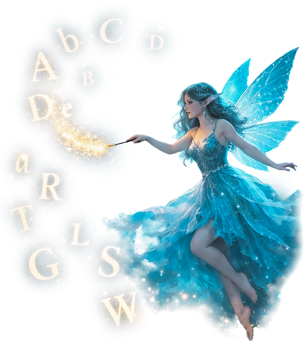 Lektorat Feenstaub // Eine Fee vor hellblauem Hintergrund. Um ihren Zauberstab schweben Buchstaben. KI-generiertes Bild